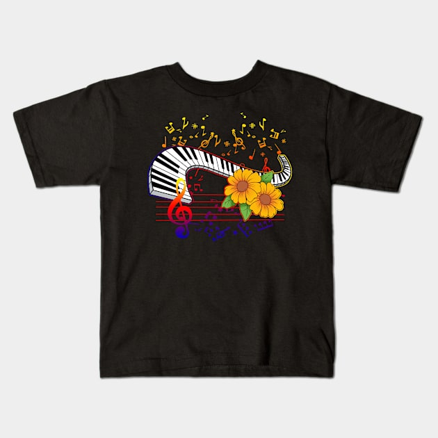 Piano Gift Design Pianist Colorful Keyboard Player Print Kids T-Shirt by Linco